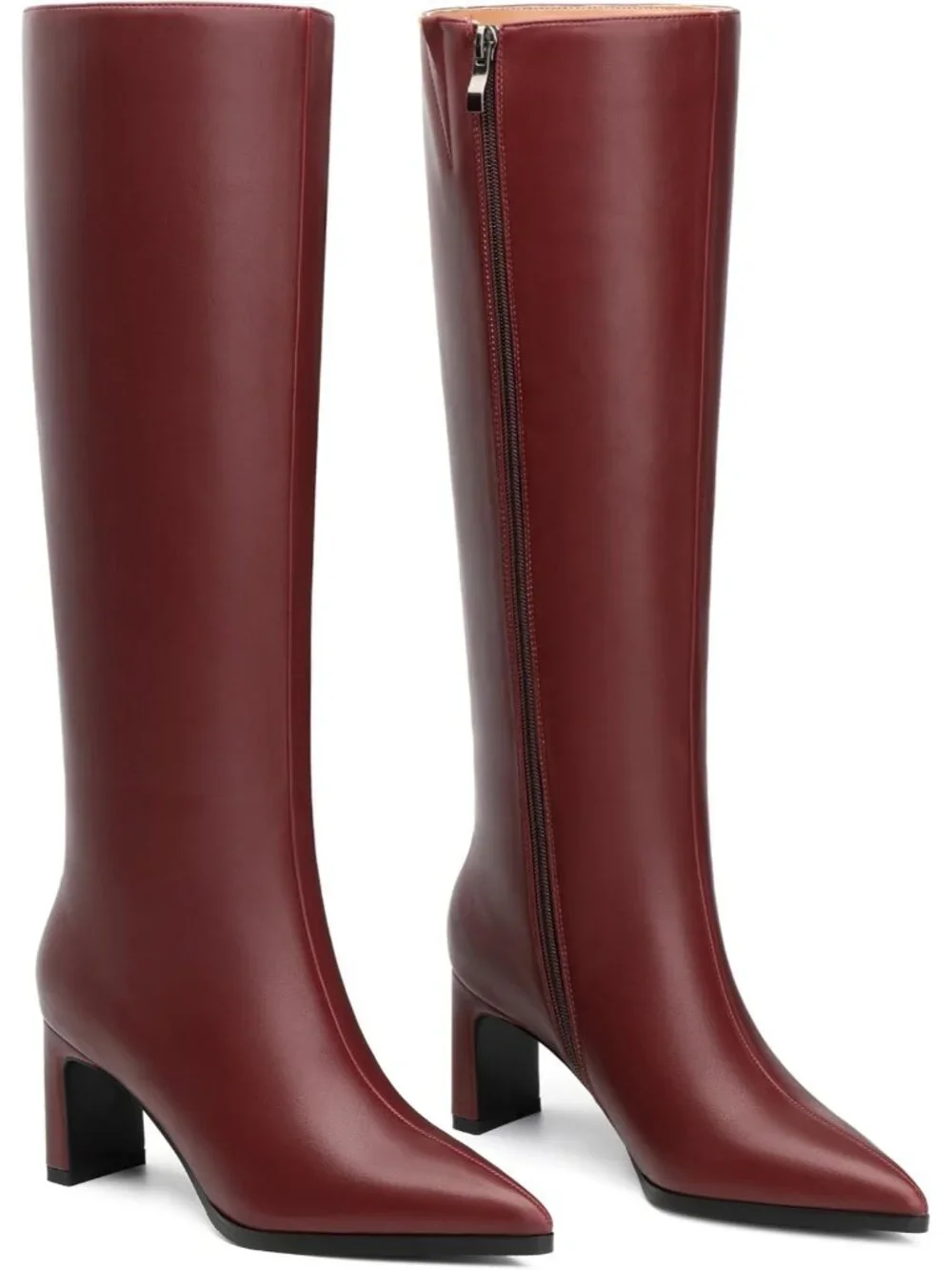 Women's Burgundy Pointed Toe Side Zipper Chunky Block High Heel Knee High Boots